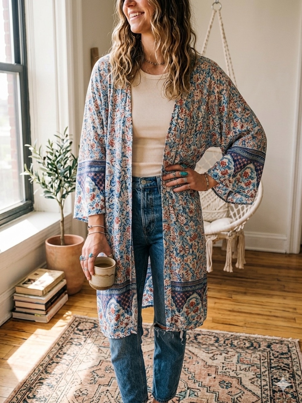 Boho Floral Open-Front Kimono in Blue and Cream